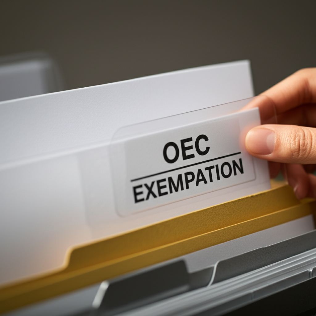 Create a high-quality, realistic image illustrating Effortless OEC Exemption: How to Get Yours. Focu