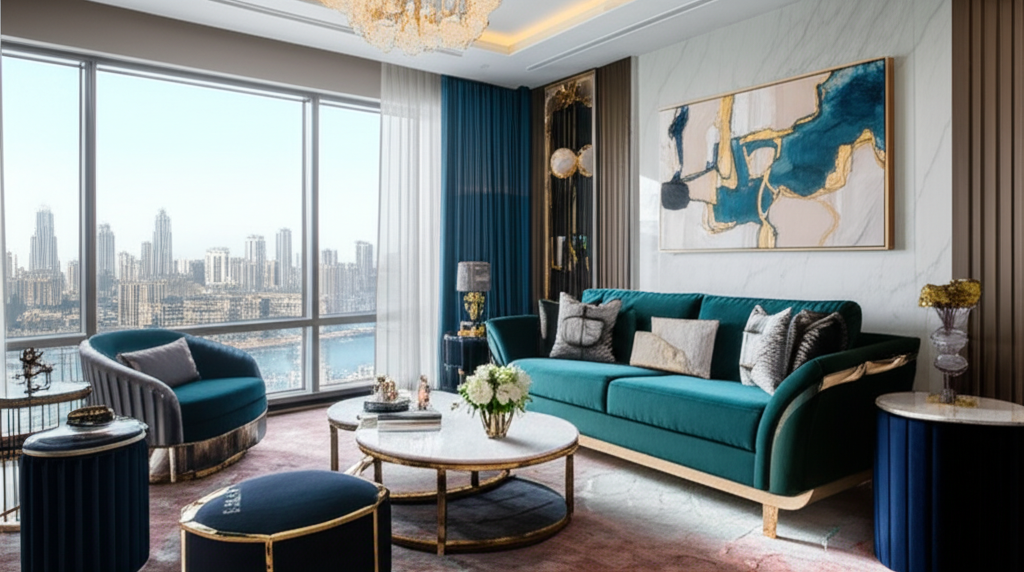 Generate a high-quality, relevant image prompt for an article about: Dubai Home Interior Ideas: Luxe