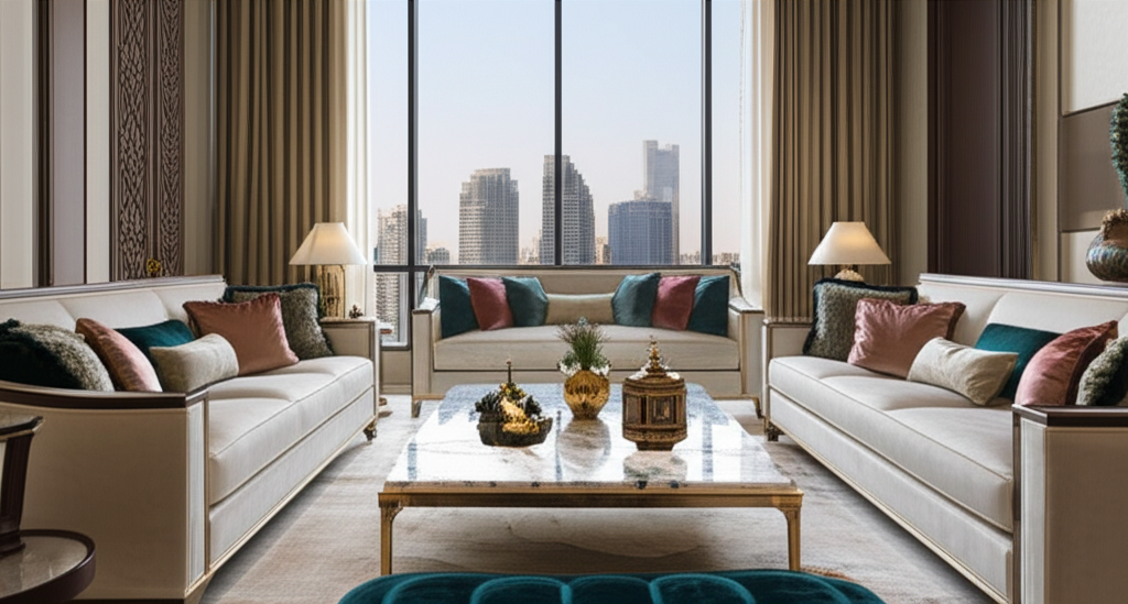Generate a high-quality, relevant image prompt for an article about: Dubai Home Interior Ideas: Luxe